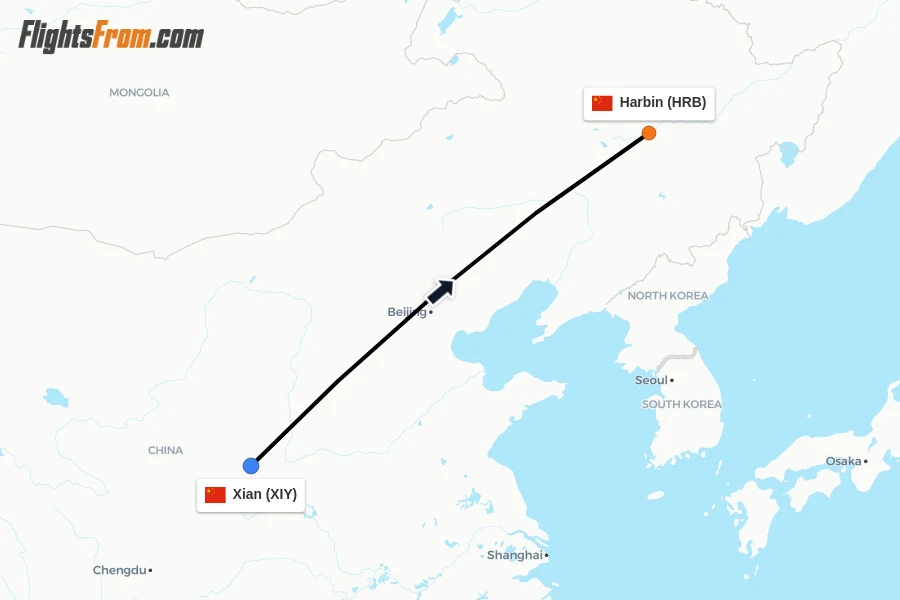 Flights from Xian to Harbin route map
