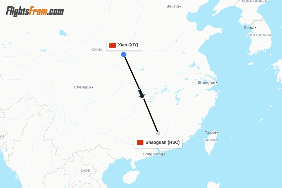 Flights from Xian to Shaoguan route map