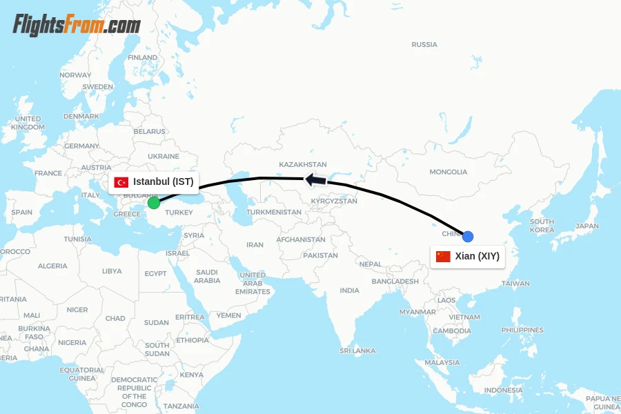 Flights from Xian to Istanbul route map