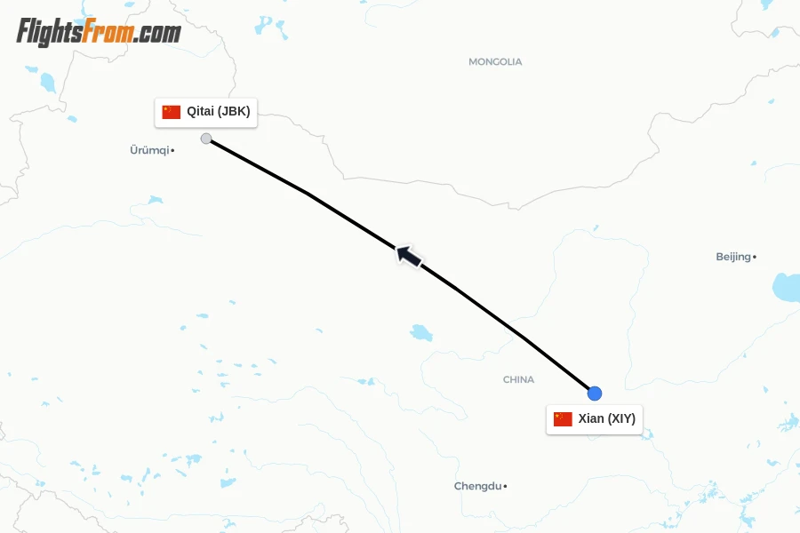 Flights from Xian to Qitai route map