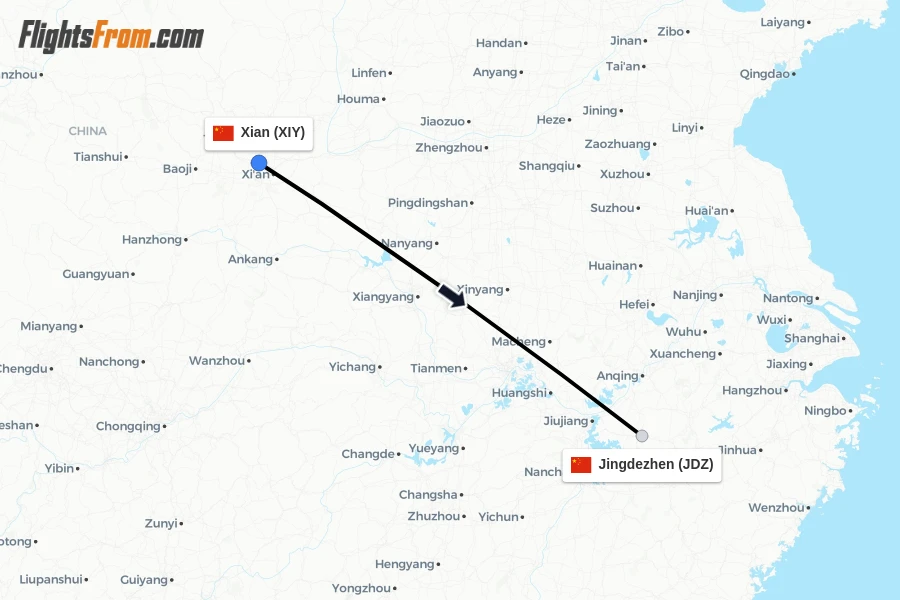 Flights from Xian to Jingdezhen route map