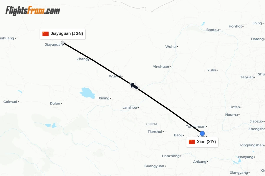 Flights from Xian to Jiayuguan route map