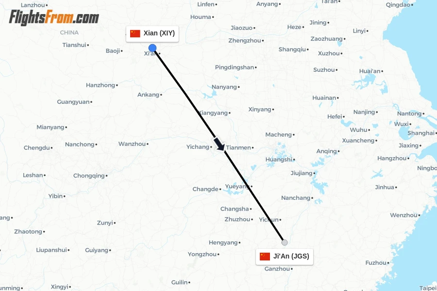 Flights from Xian to Ji'An route map