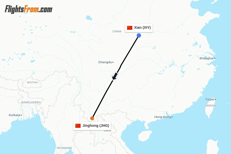 Flights from Xian to Jinghong route map