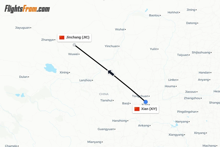 Flights from Xian to Jinchang route map