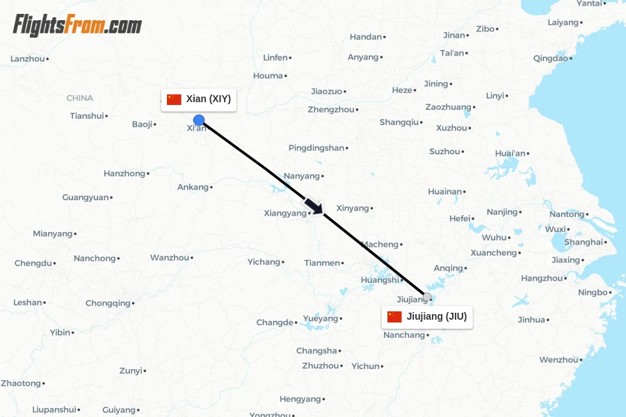 Flights from Xian to Jiujiang route map