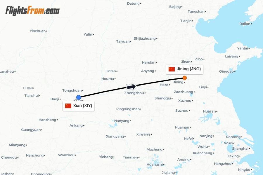 Flights from Xian to Jining route map