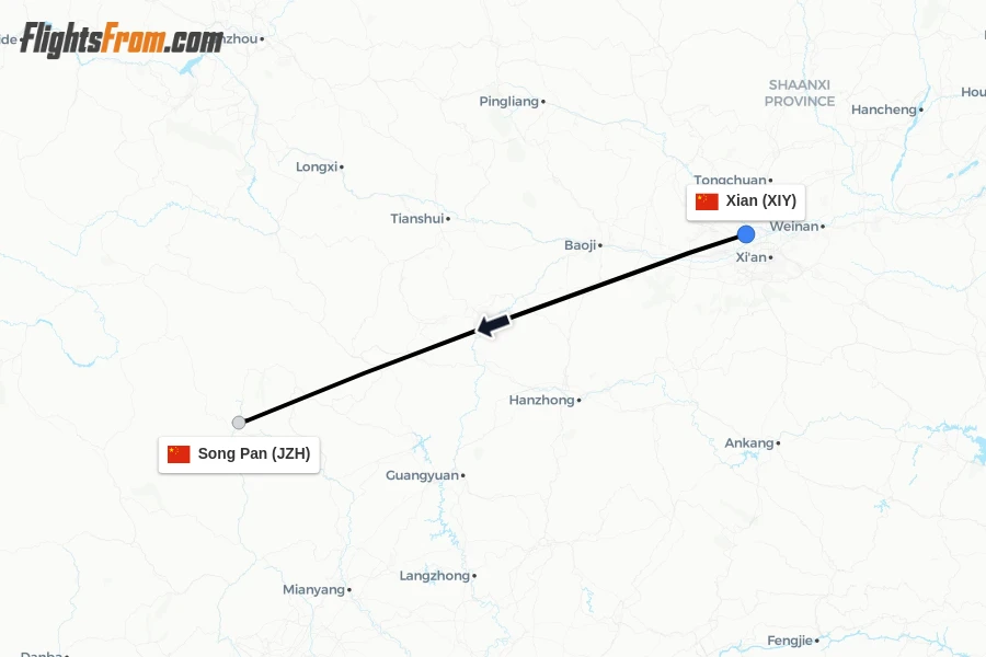 Flights from Xian to Song Pan route map