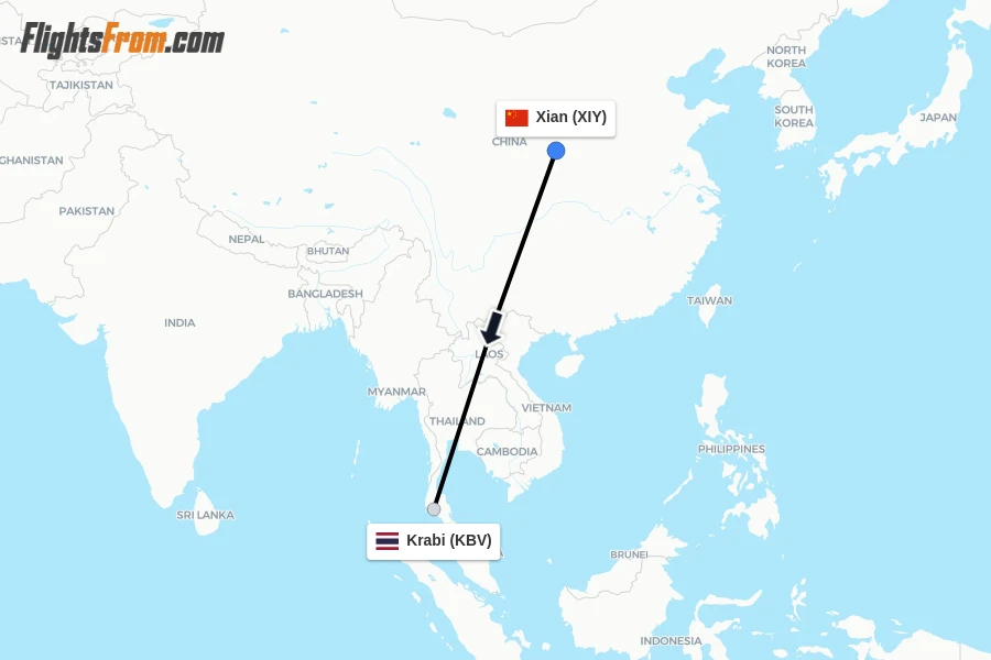 Flights from Xian to Krabi route map