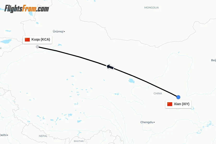 Flights from Xian to Kuqa route map