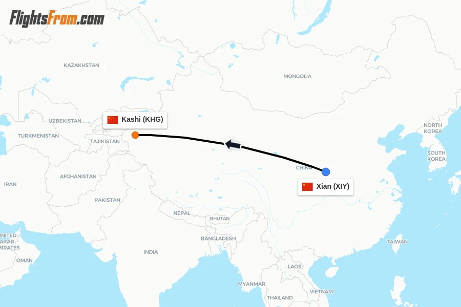 Flights from Xian to Kashi route map