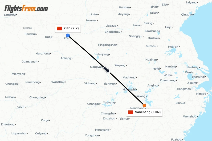 Flights from Xian to Nanchang route map