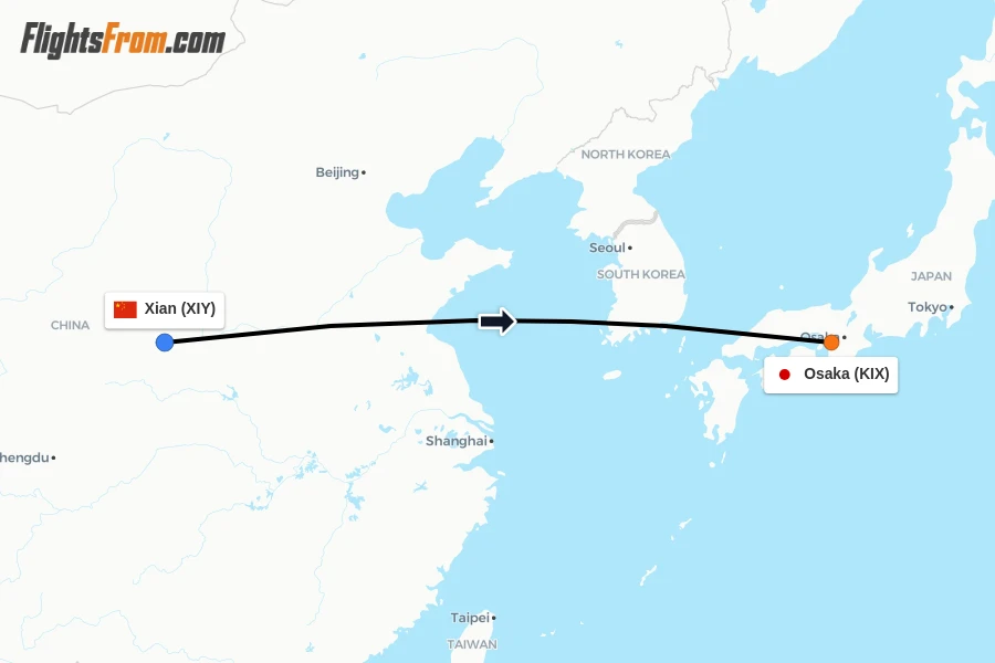 Flights from Xian to Osaka route map