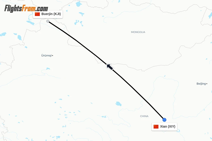 Flights from Xian to Buerjin route map