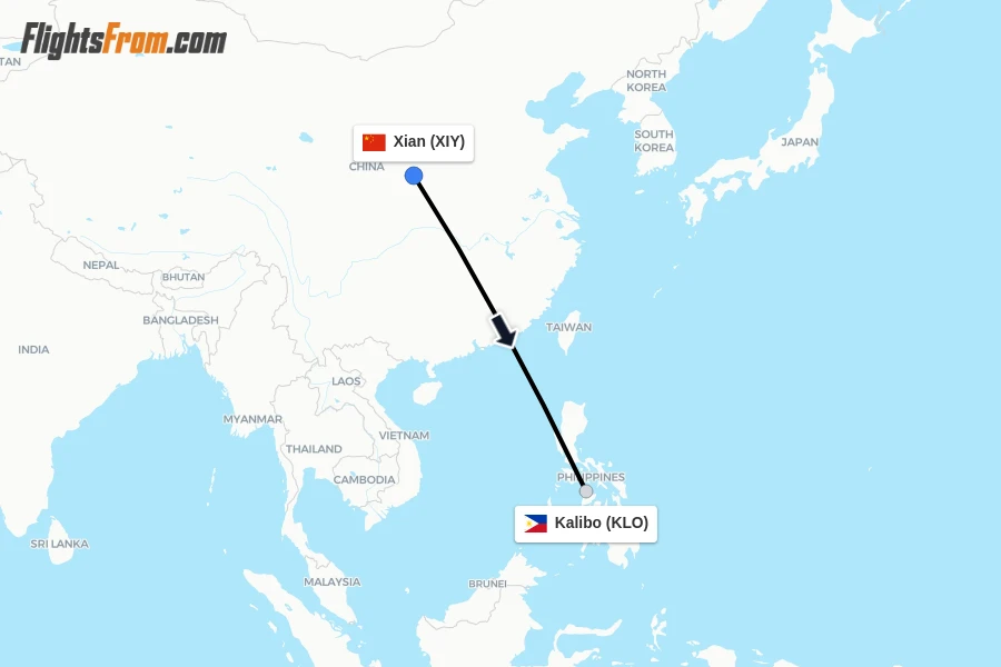 Flights from Xian to Kalibo route map