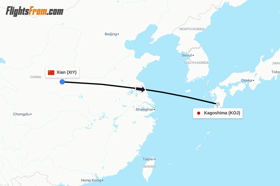 Flights from Xian to Kagoshima route map