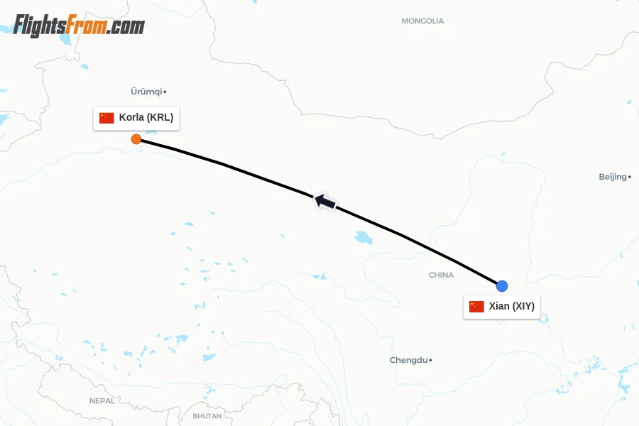 Flights from Xian to Korla route map