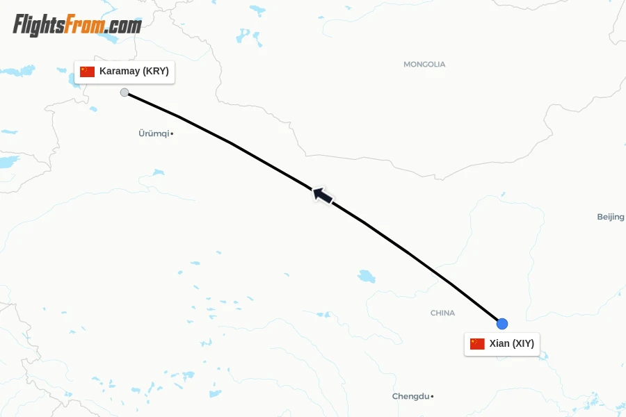 Flights from Xian to Karamay route map