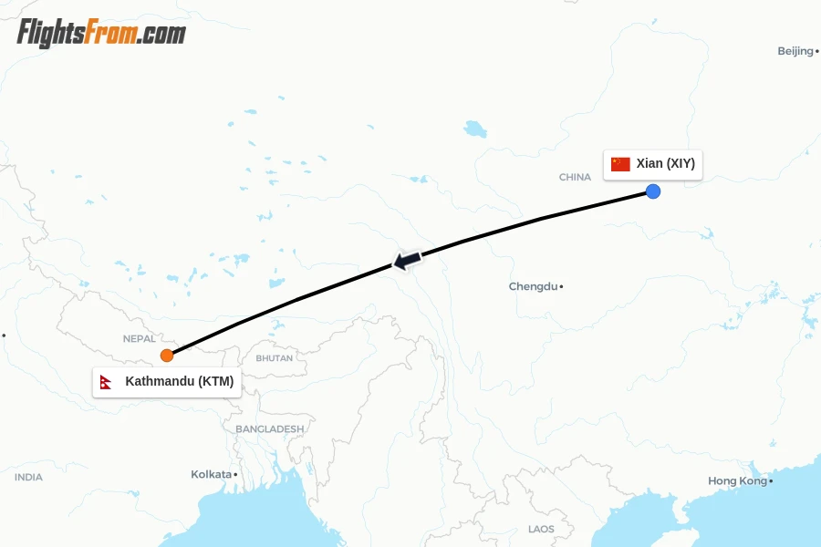Flights from Xian to Kathmandu route map