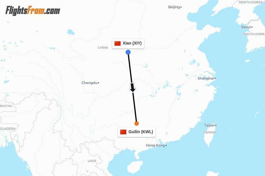 Flights from Xian to Guilin route map