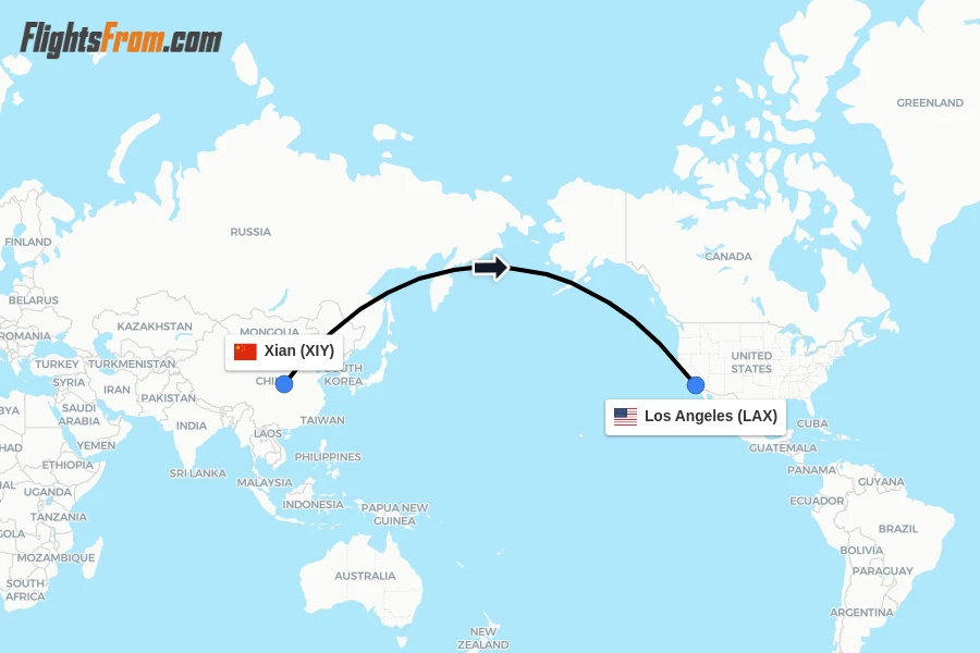Flights from Xian to Los Angeles route map