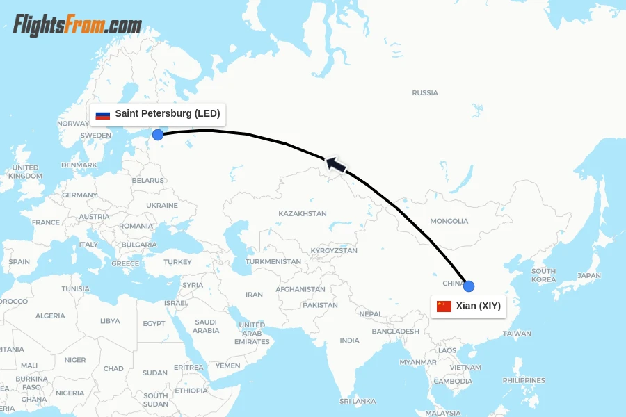 Flights from Xian to Saint Petersburg route map