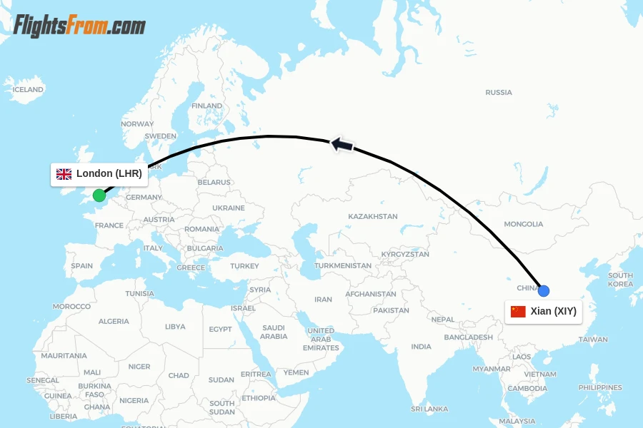 Flights from Xian to London route map