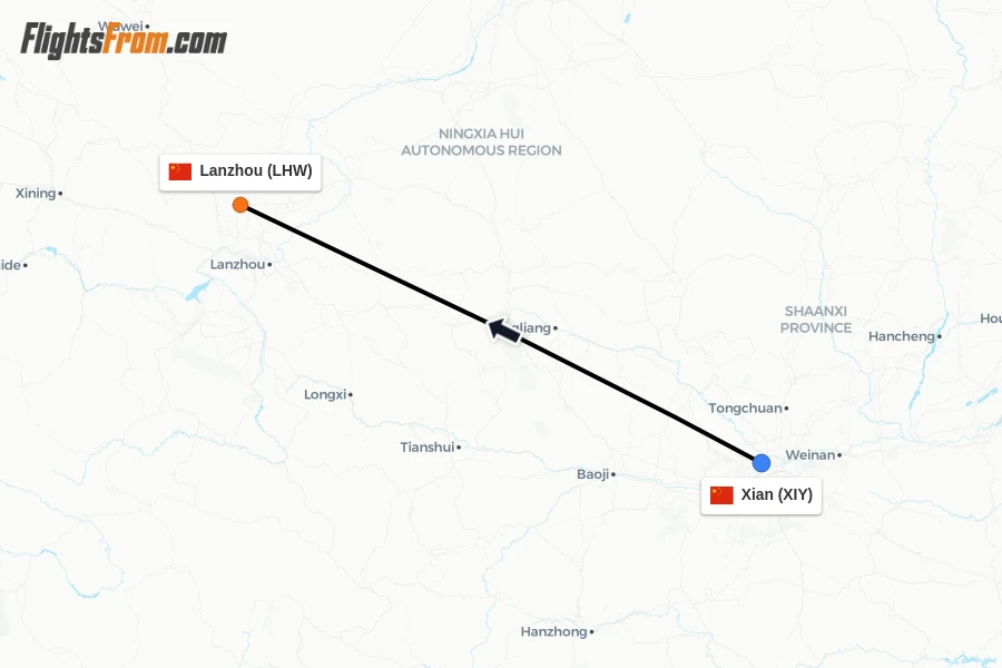 Flights from Xian to Lanzhou route map