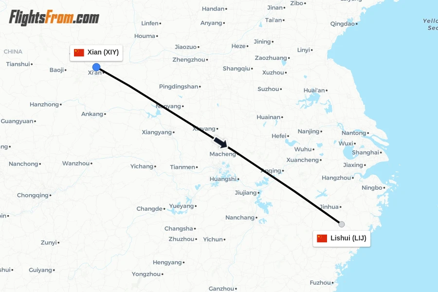 Flights from Xian to Lishui route map