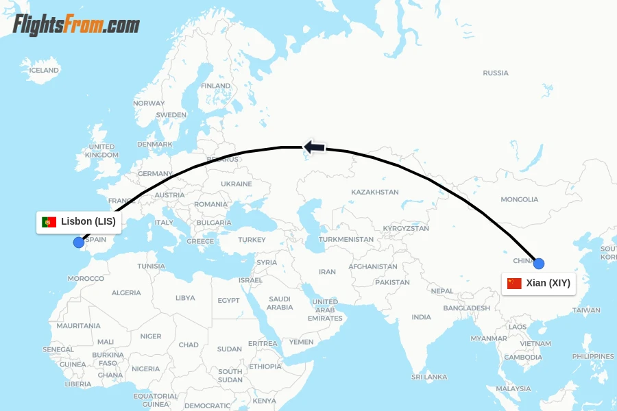 Flights from Xian to Lisbon route map