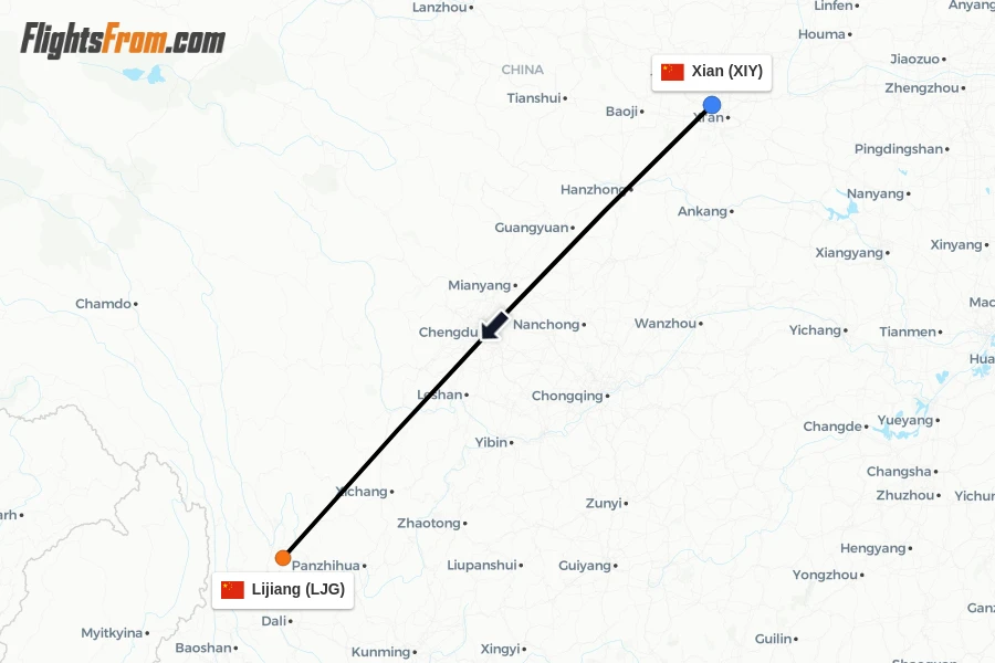 Flights from Xian to Lijiang route map