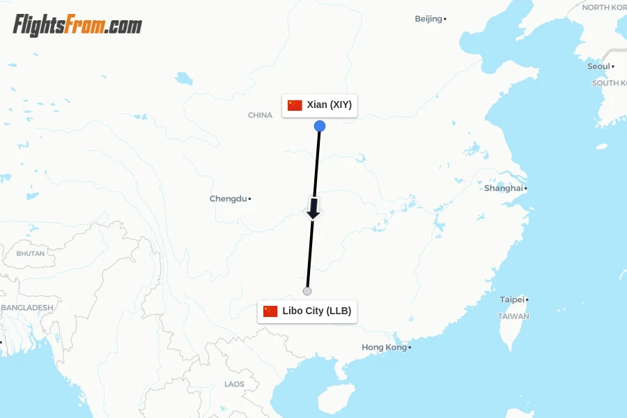 Flights from Xian to Libo City route map