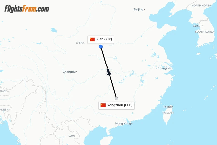 Flights from Xian to Yongzhou route map