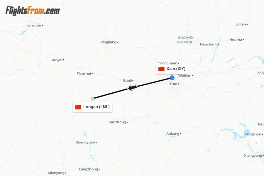Flights from Xian to Longan route map