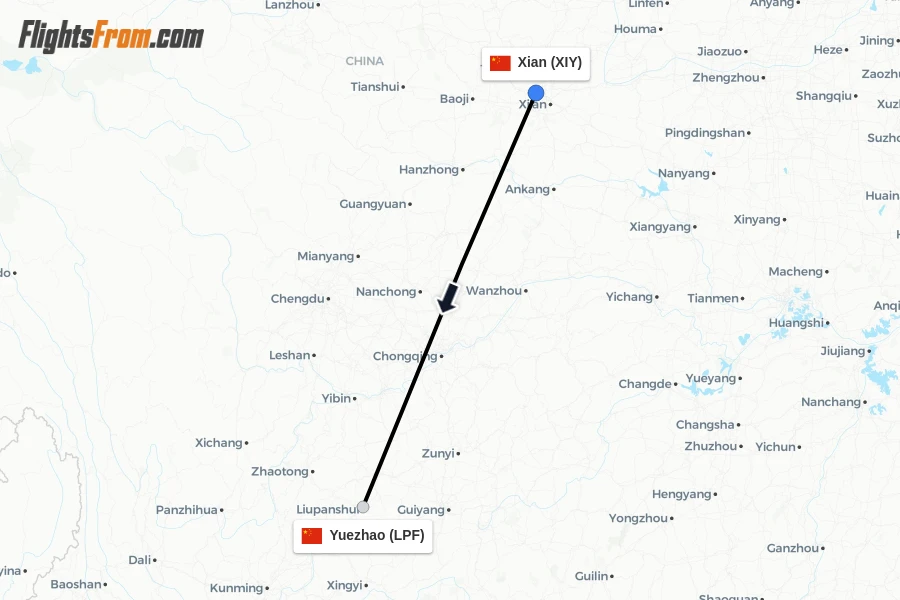 Flights from Xian to Yuezhao route map