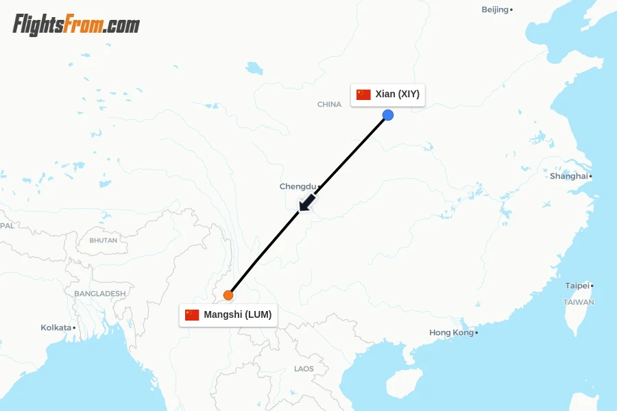 Flights from Xian to Mangshi route map