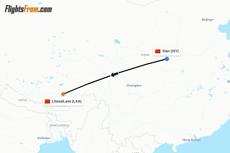 Flights from Xian to Lhasa/Lasa route map