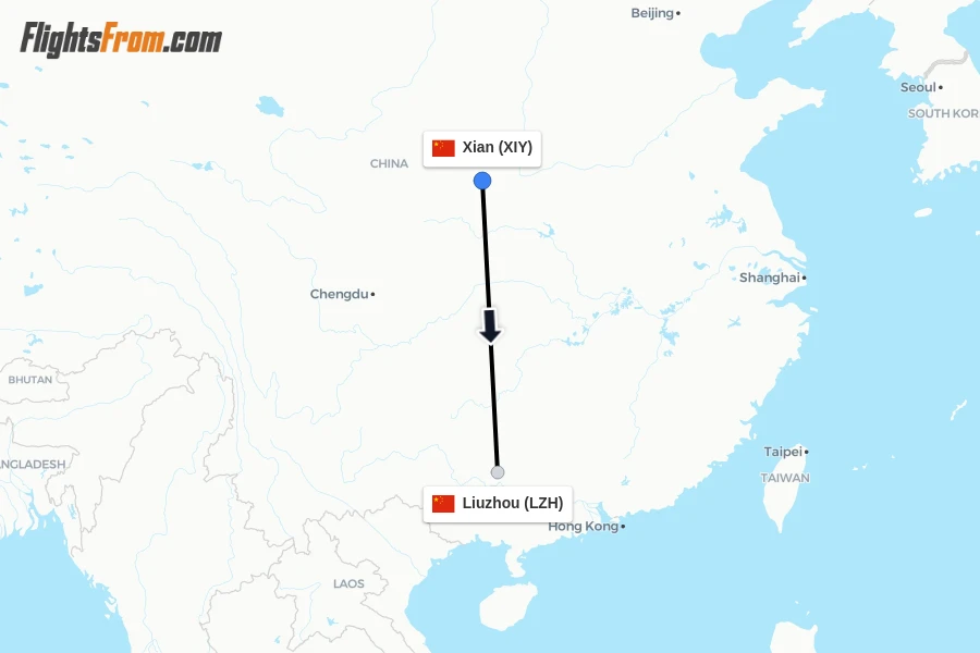 Flights from Xian to Liuzhou route map
