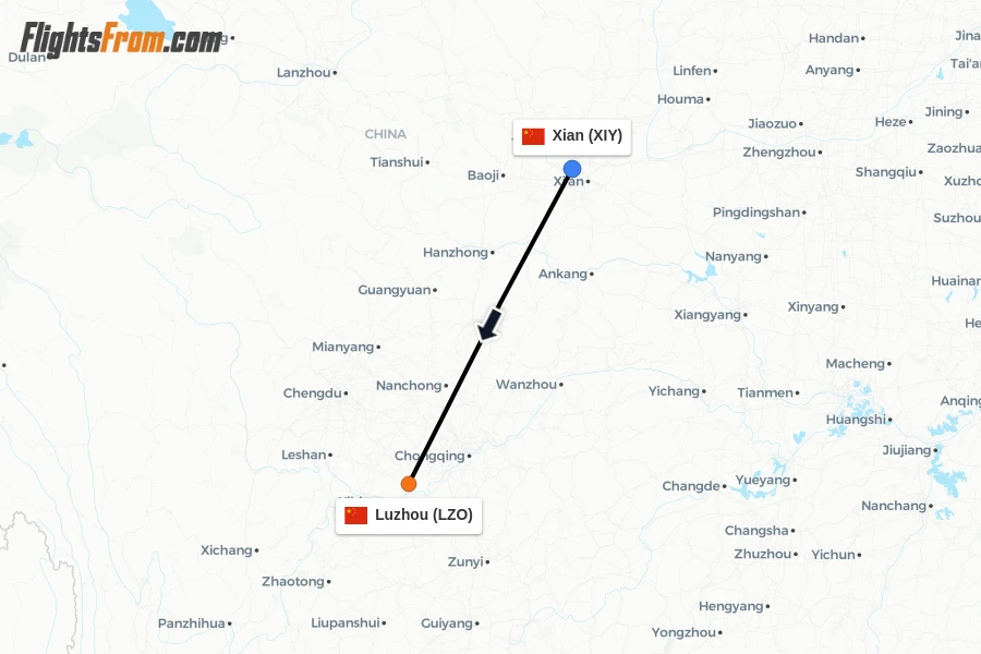 Flights from Xian to Luzhou route map