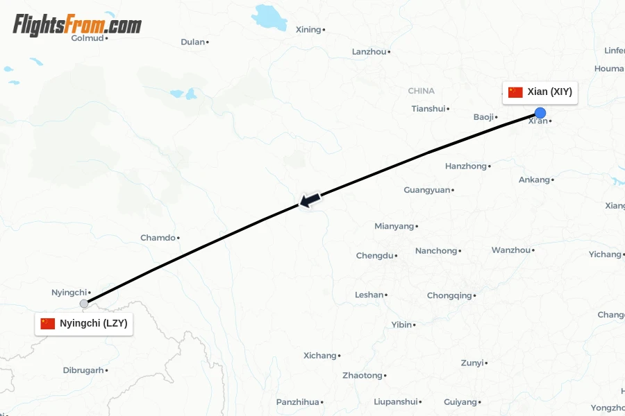 Flights from Xian to Nyingchi route map