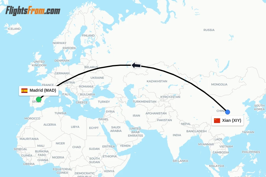 Flights from Xian to Madrid route map