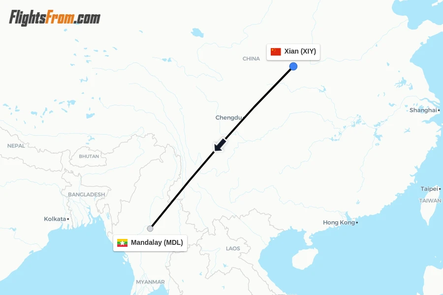 Flights from Xian to Mandalay route map