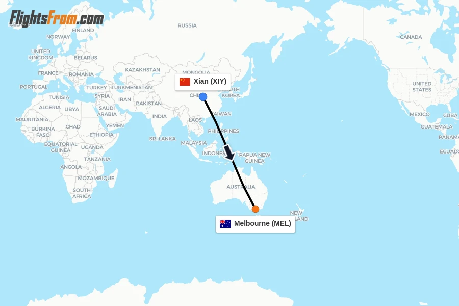 Flights from Xian to Melbourne route map