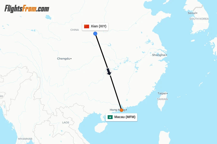 Flights from Xian to Macau route map