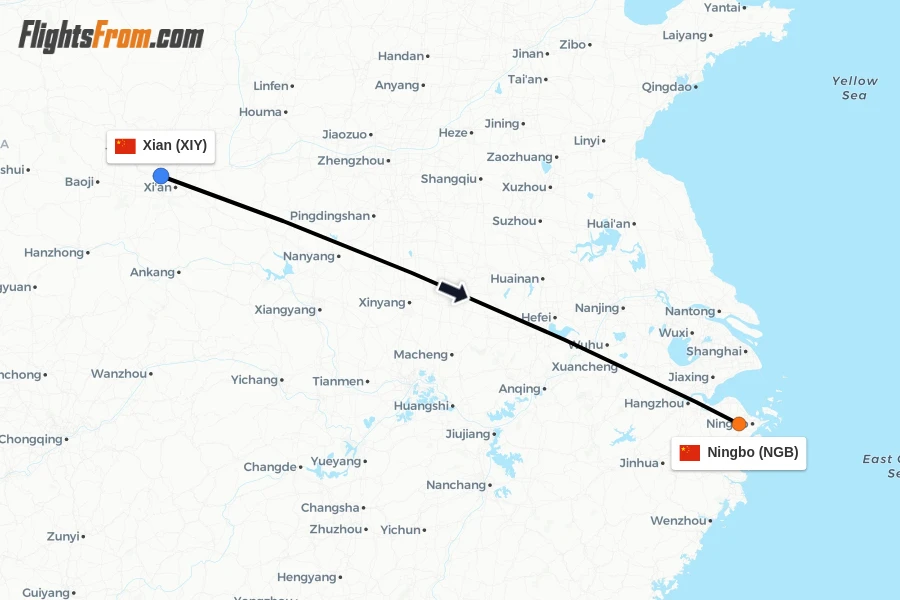 Flights from Xian to Ningbo route map