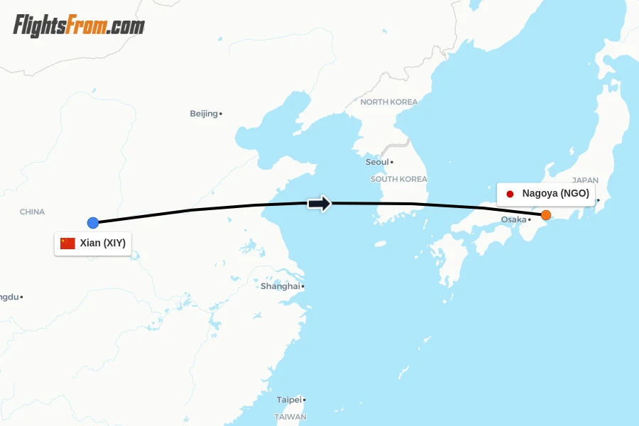 Flights from Xian to Nagoya route map