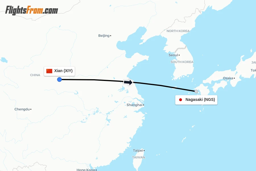 Flights from Xian to Nagasaki route map