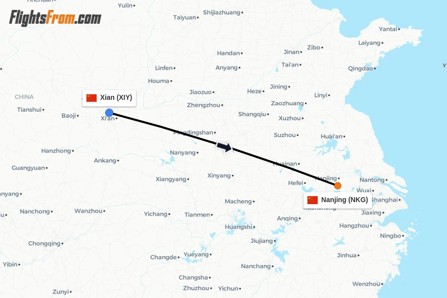 Flights from Xian to Nanjing route map