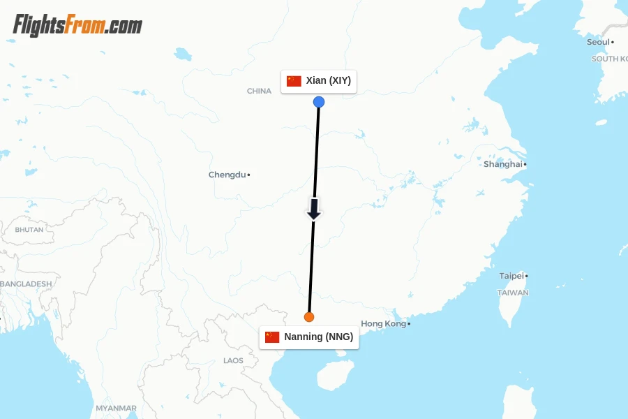 Flights from Xian to Nanning route map