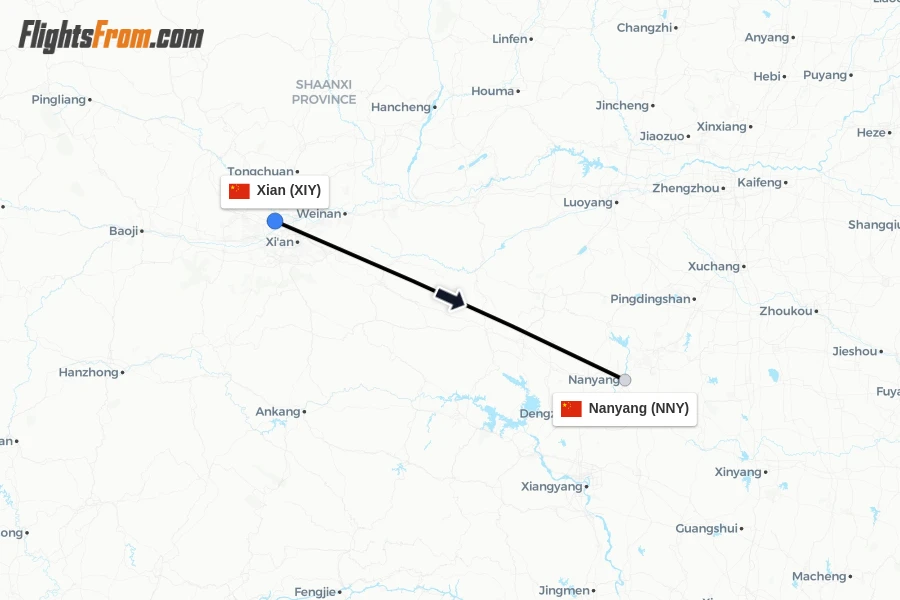 Flights from Xian to Nanyang route map